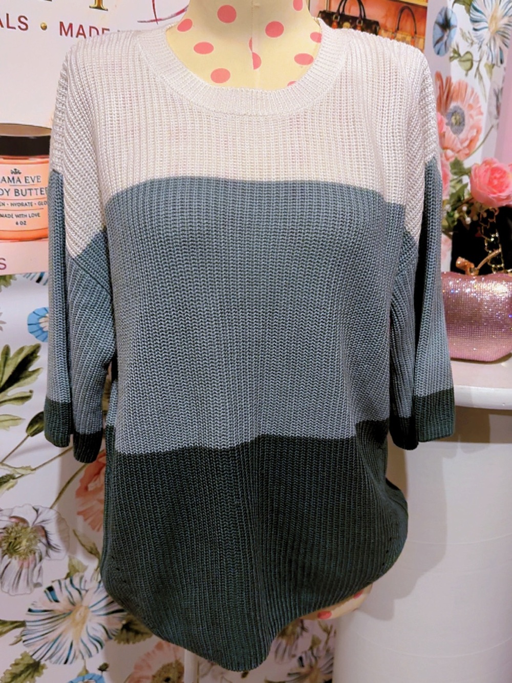Matty M Colorblock Knit Sweater Cream Gray Dark Green Size S